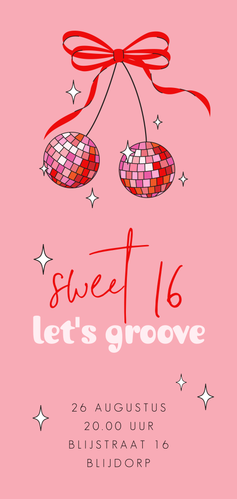 Sweet 16 verjaardag uitnodiging met discoballen, strik en sterren