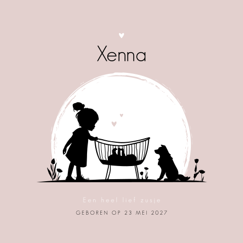 Silhouet geboortekaartje meisje grote zus bij wieg zusje met hondje