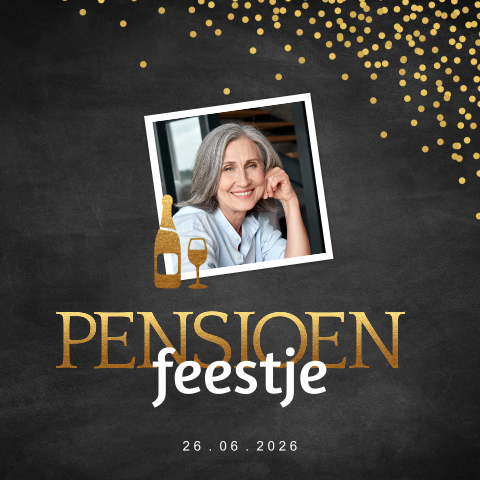 Pensioen uitnodiging met champagne, gouden stippen en foto