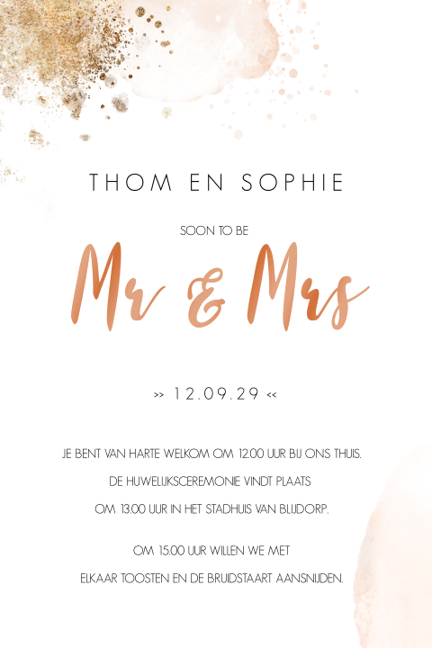 Mr & Mrs hoogglans trouwkaart "Stijlvol Koper"
