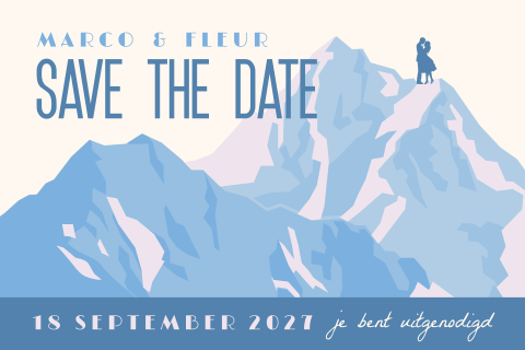 Retro berglandschap met silhouet koppel Save the Date kaart