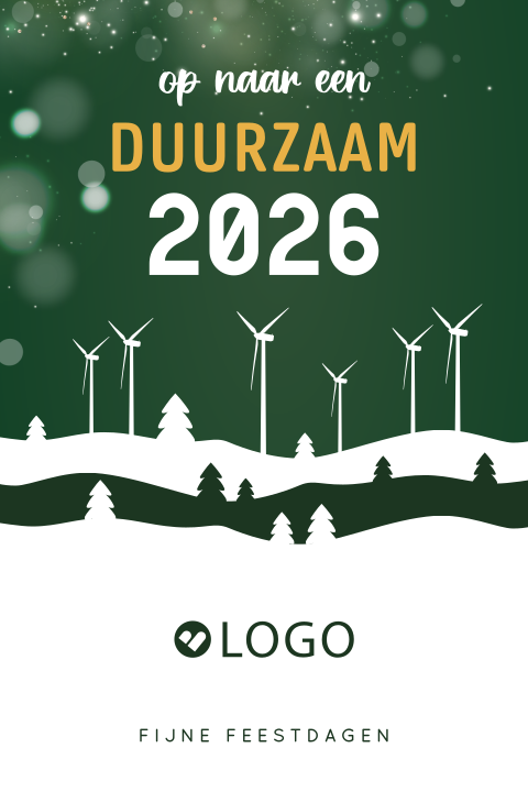 Zakelijke kerstkaart met sneeuw, kerstbomen en windturbines