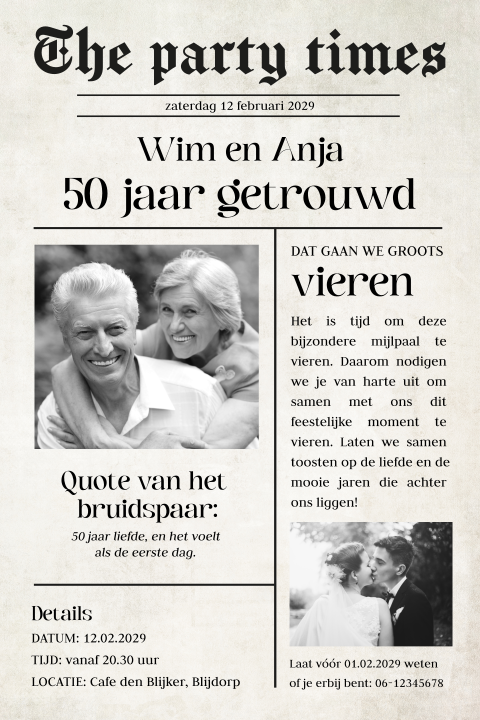 Originele 50 jaar getrouwd uitnodiging als krant met eigen foto