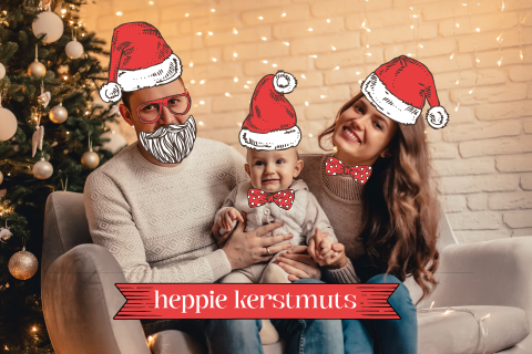 Grappige kerstkaart met foto, kerstmuts en props