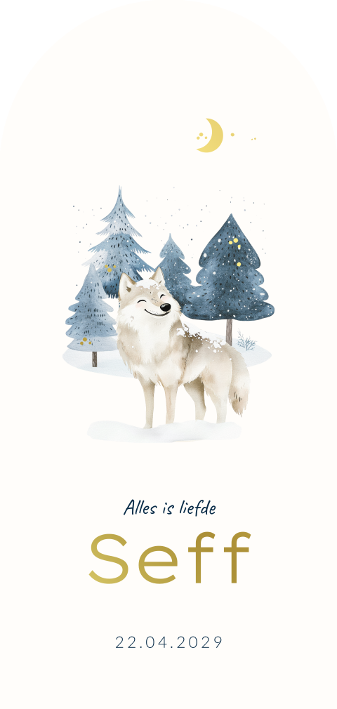 Geboortekaartje voor een jongen met wolf, bomen, maan en folie