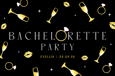 Bachelorette party uitnodiging met champagne, ringen en kus mondjes