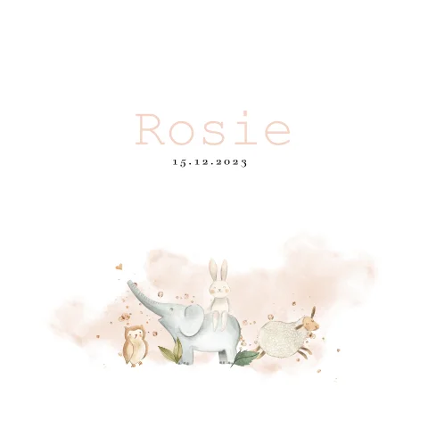 Lief meisjes geboortekaartje met vrolijke dieren en aquarel