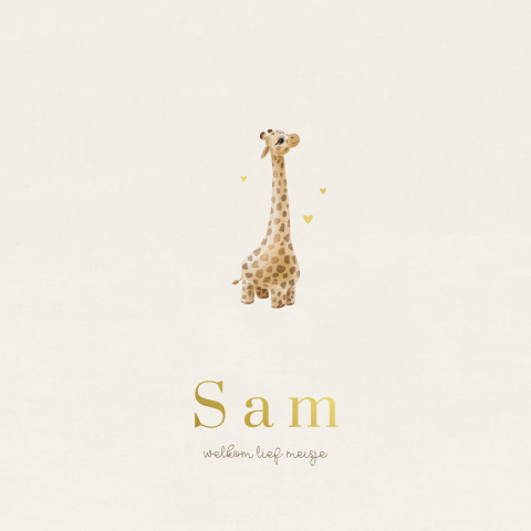 Nude unisex geboortekaartje met giraffe en goudfolie