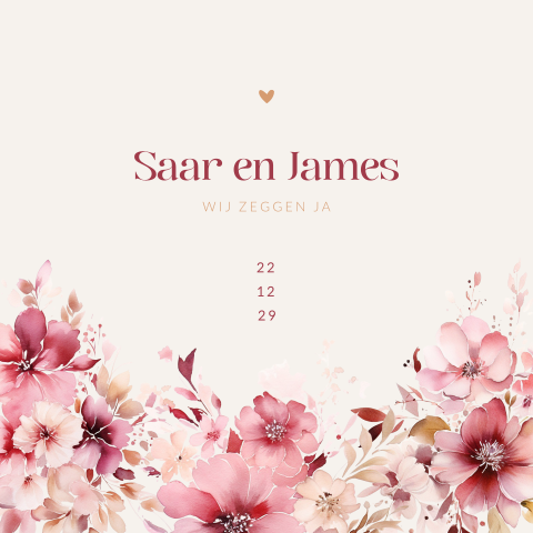 Trouwkaart met aquarel bloemen in roze kleurtinten