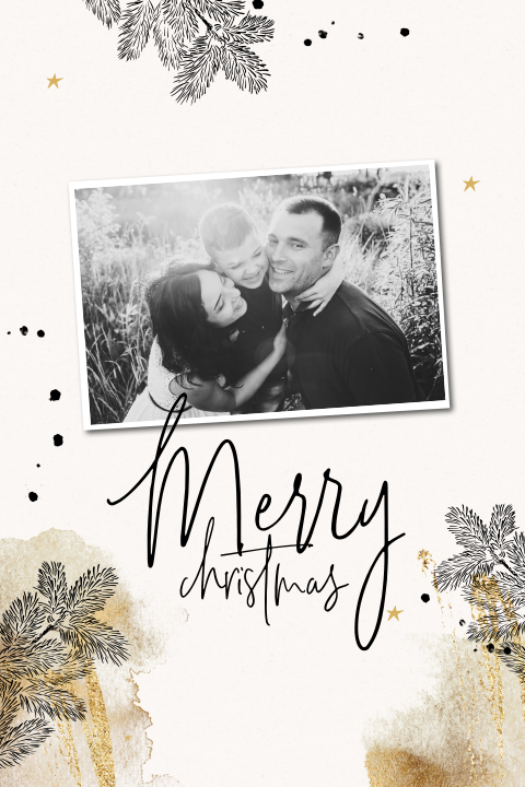 Hippe kerstkaart met persoonlijke foto aquarel en takjes