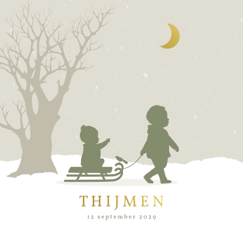 Luxe silhouet winter geboortekaartje met broer en broertje op slee
