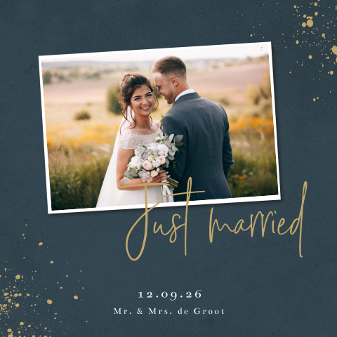 Wij zijn getrouwd kaart met foto en " Just married"