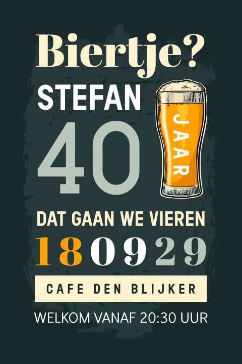 Typografische verjaardag uitnodiging 40 jaar met bierglas