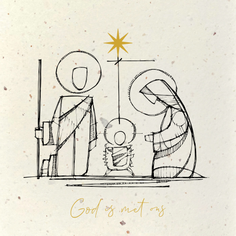 Christelijke kerstkaart duurzaam met schets van Jozef, Maria en Jezus