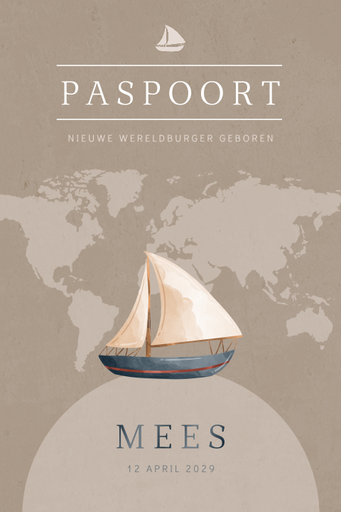 Paspoort geboortekaartje voor een jongen met wereldkaart en boot