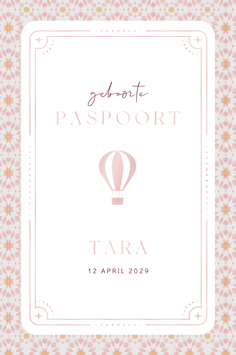 Meisje geboortekaartje paspoort met luchtballon en hoogglans