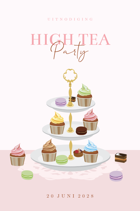 Uitnodiging high tea met etagère, cupcakes en macarons