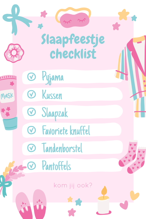 Slaapfeestje checklist uitnodiging met slaapmasker en pyjama