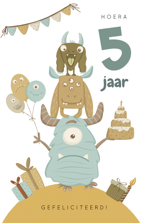 Verjaardagskaart kind met opgestapelde monsters en slingers