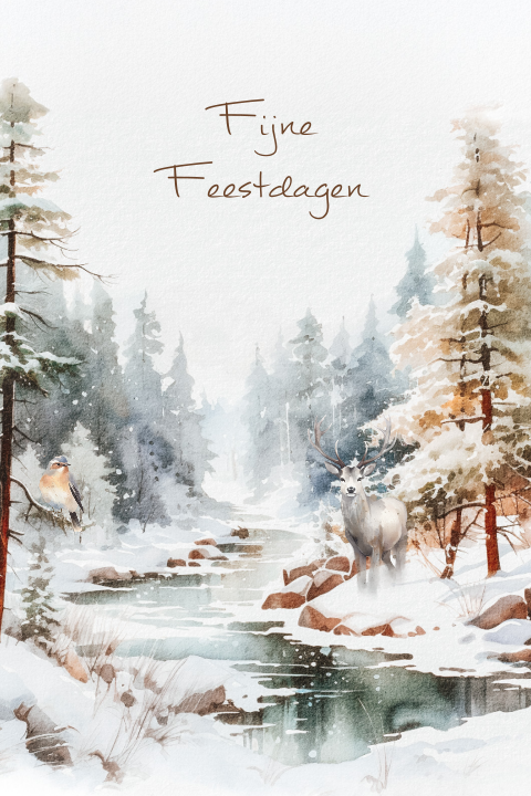 Winter landschap kerstkaart met rendier en water