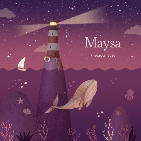 Dromerig geboortekaartje meisje met walvis, vuurtoren en foliedruk