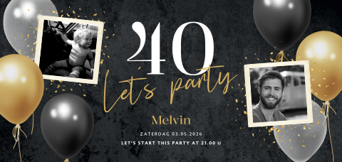 Foto uitnodiging verjaardag 40 jaar met ballonnen en confetti