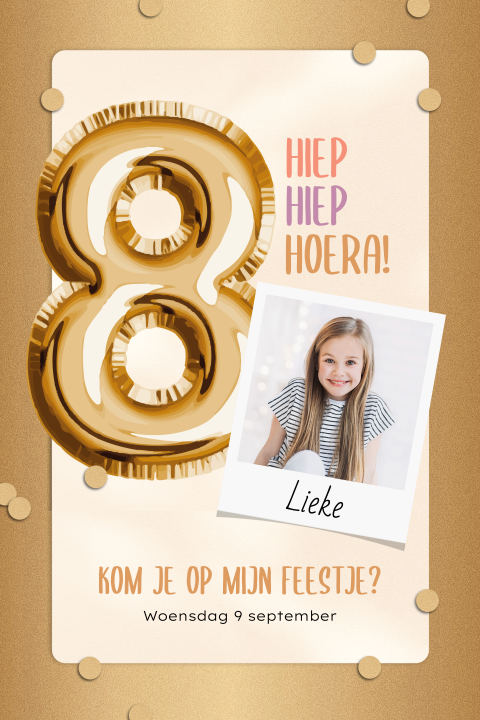 Kinderfeestje uitnodiging voor een meisje met foto, ballon en confetti