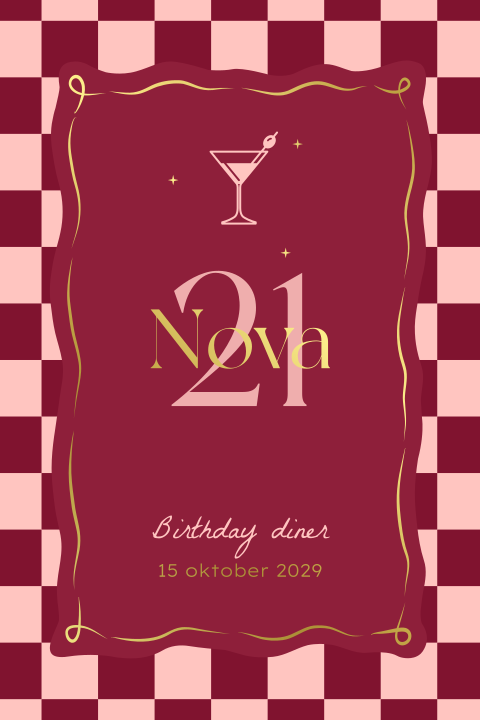 Uitnodiging 21 diner met een speels kader, foliedruk en cocktailglas