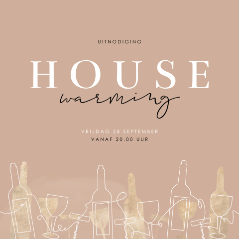 Housewarming kaart met lijntekening van wijnflessen en glazen