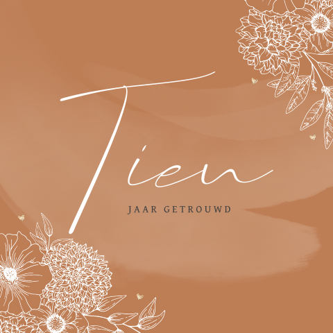 Felicitatiekaart jubileum 10 jaar getrouwd met getekende bloemen