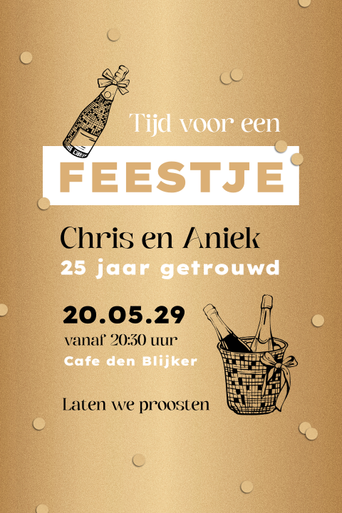Feestelijke uitnodiging 25 jaar getrouwd in goudlook met champagne