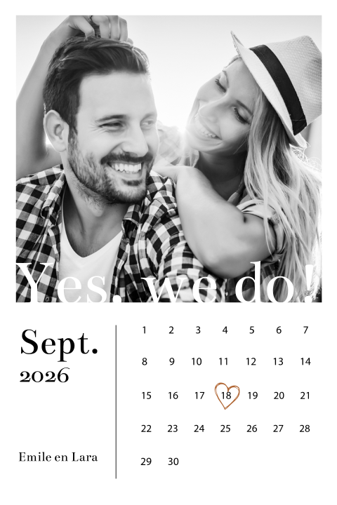 Hippe zwart wit foto trouwkaart met kalender