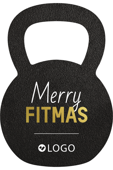 Merry fitmas zakelijke fitness kerstkaart met kettlebell vorm en folie