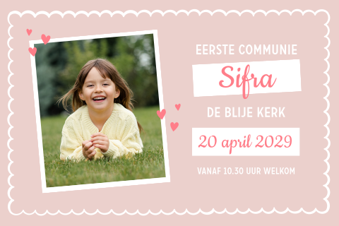 Uitnodiging communie met foto, kader en hartjes