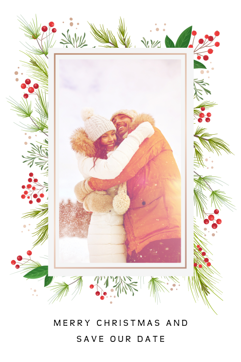 Rondhoek Save the Date kerstkaart met fotokader van kersttakjes