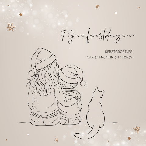Lijntekening kerstkaart met grote zus, broertje en kat
