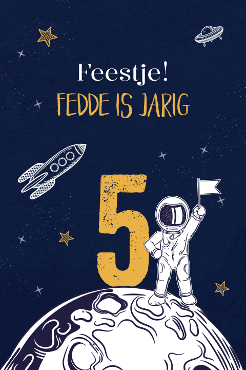 Uitnodiging kinderfeestje met astronaut op de maan en raket