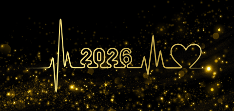 Zorg kerstkaart zakelijk met hartslag, jaartal 2026 en luxe goudfolie