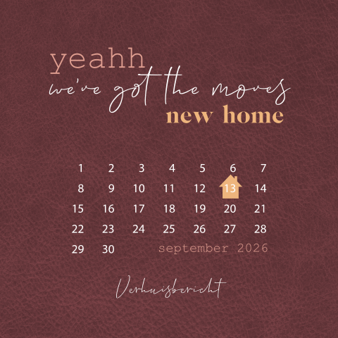 Verhuisbericht met ronde hoeken, kalender en lederlook achtergrond