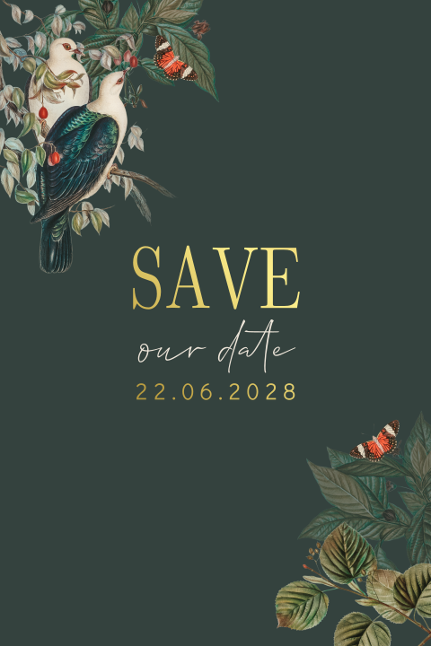 Stijlvolle Save the Date kaart met tropische vogels en foliedruk