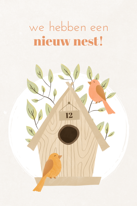 Illustratieve verhuiskaart Nieuw nest, met vogels en vogelhuisje