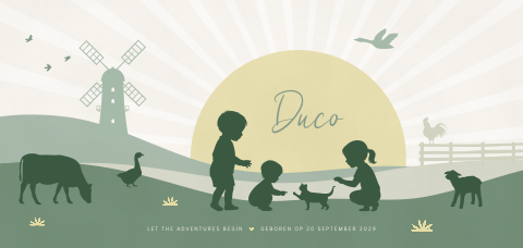 Silhouet geboortekaartje voor een broertje met molen en dieren