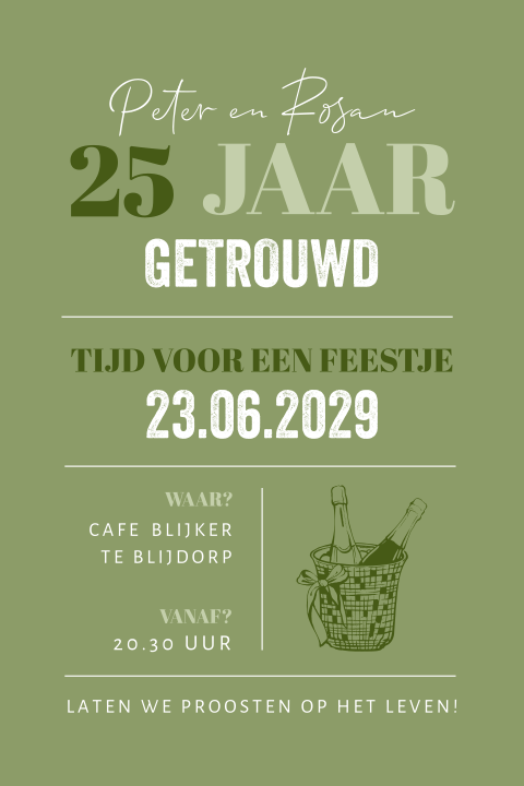 Feestelijke 25 jaar getrouwd uitnodiging met champagne