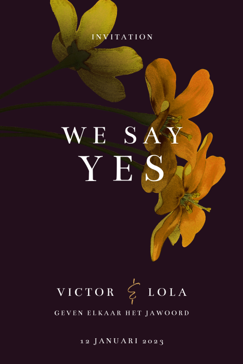 Moderne bloemen trouwkaart zwart we say yes