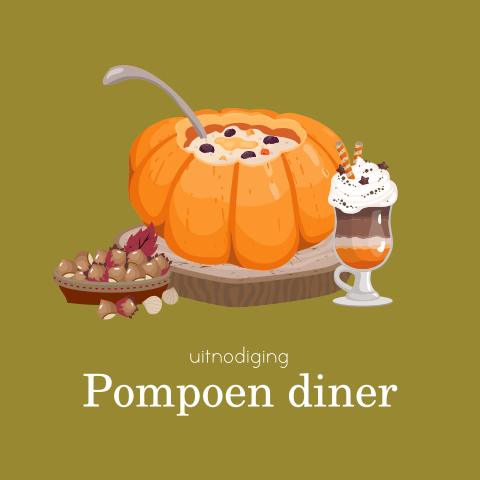 Diner uitnodiging Halloween met pompoen en pumkin spice latte