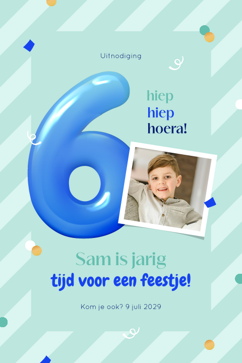 Uitnodiging kinderfeestje voor een jongen met confetti en cijferballon