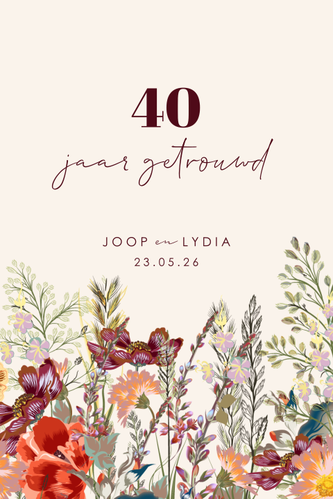 Uitnodiging voor jubileum 40 jaar getrouwd met kleurrijke veldbloemen