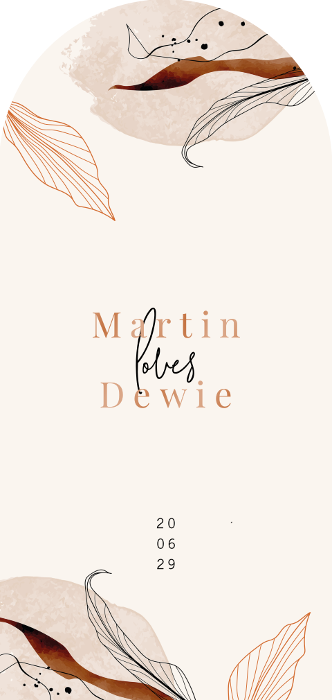 Hoogglans trouwkaart in boog vorm met bladeren