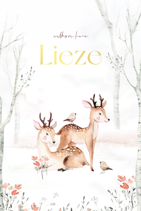 Meisje geboortekaartje winter met hertjes, vogeltjes en folie