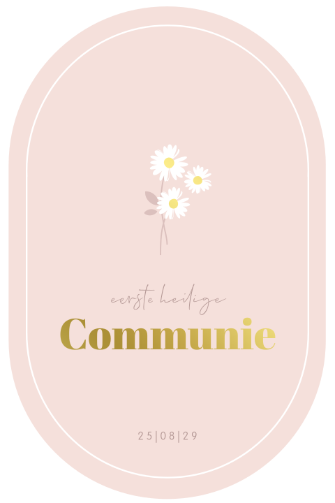 Uitnodiging communie ovaal met bloemen en foliedruk